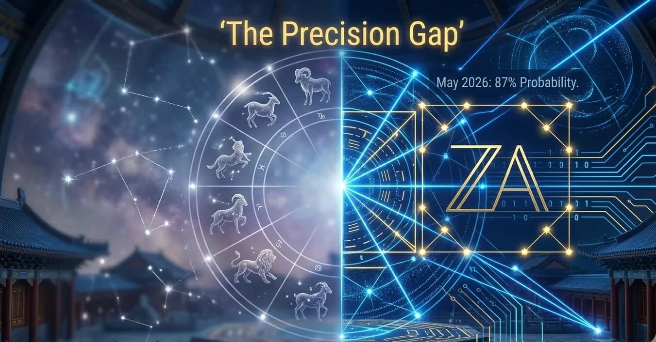 The Precision Gap — Western zodiac wheel contrasted against the Zi Wei Dou Shu quantum matrix