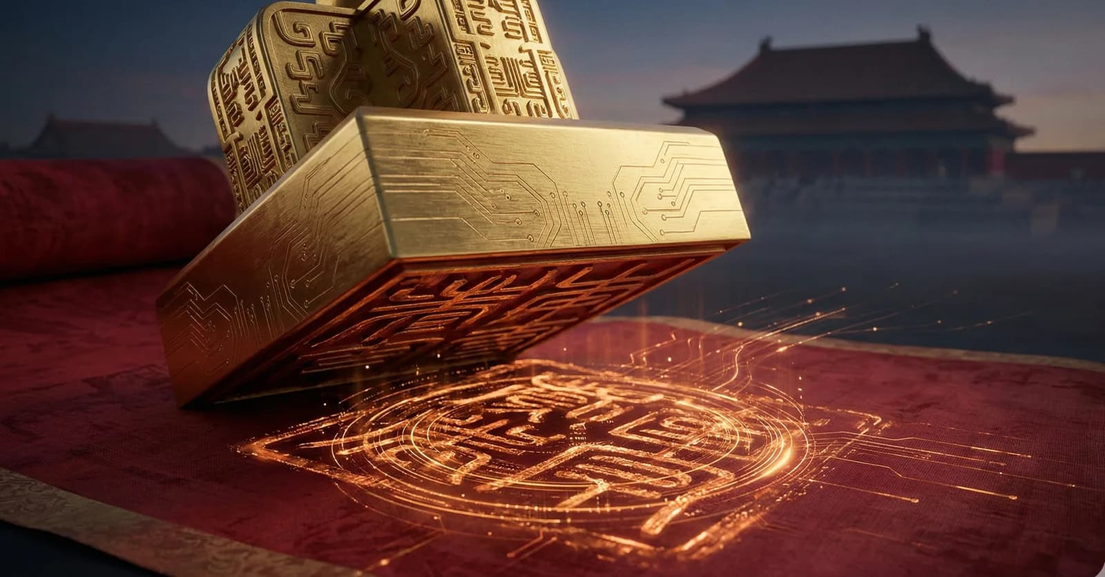 The Sovereign Legacy — imperial golden seal imprinting circuit patterns onto crimson silk before the Forbidden City